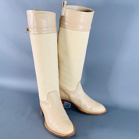SALVATORE FERRAGAMO Size 8 Beige Leather Canvas Knee High Boots - Picture 1 of 12